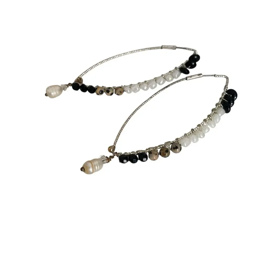 Rare Beaded teardrop Hoop Silver Earrings with pearl at the end